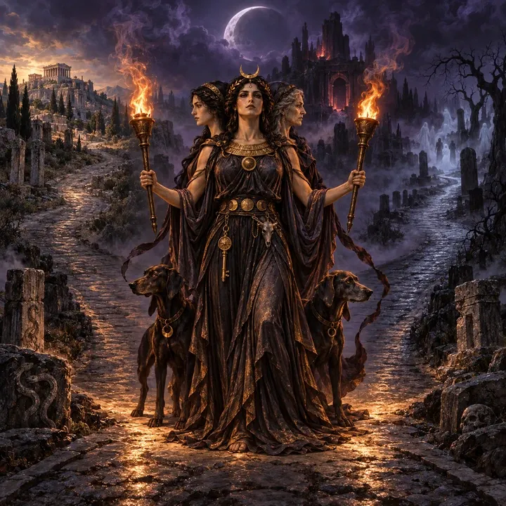Hecate, Torch at the Crossroads — Mythic Hades unit card art from Twelve Thrones