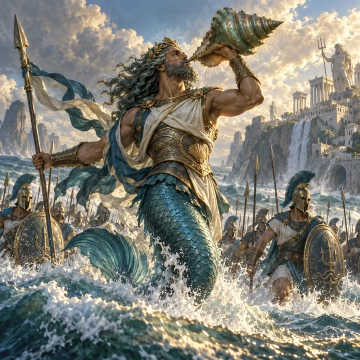 Triton, Herald of the Depths — Mythic Poseidon unit card art from Twelve Thrones