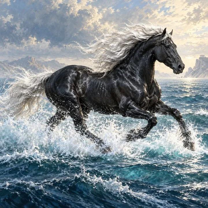 Skyphios, First Out of the Stone — Mythic Poseidon unit card art from Twelve Thrones
