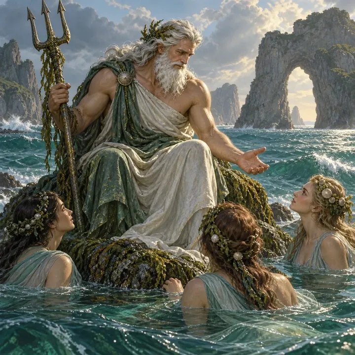 Nereus, Elder of the Salt Deep — Mythic Poseidon unit card art from Twelve Thrones
