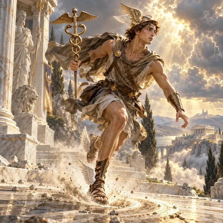 Hermes, Winged Messenger — Mythic Zeus unit card art from Twelve Thrones