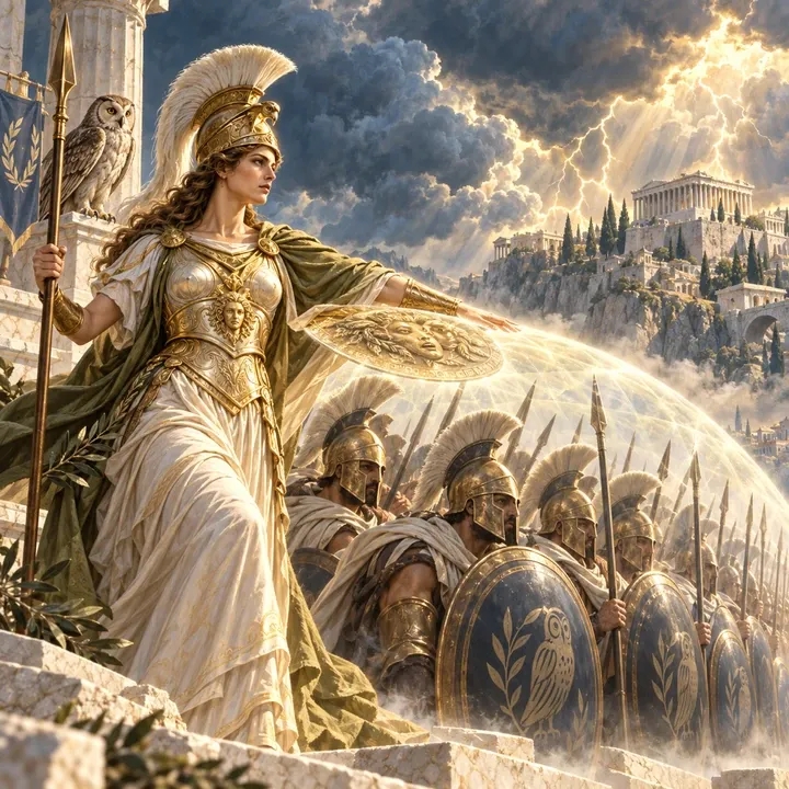 Athena, Aegis Strategist — Mythic Zeus unit card art from Twelve Thrones