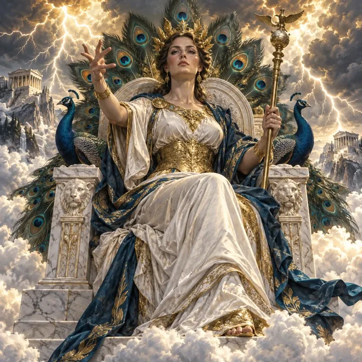 Hera, Queen of the Storm Throne — Mythic Zeus unit card art from Twelve Thrones