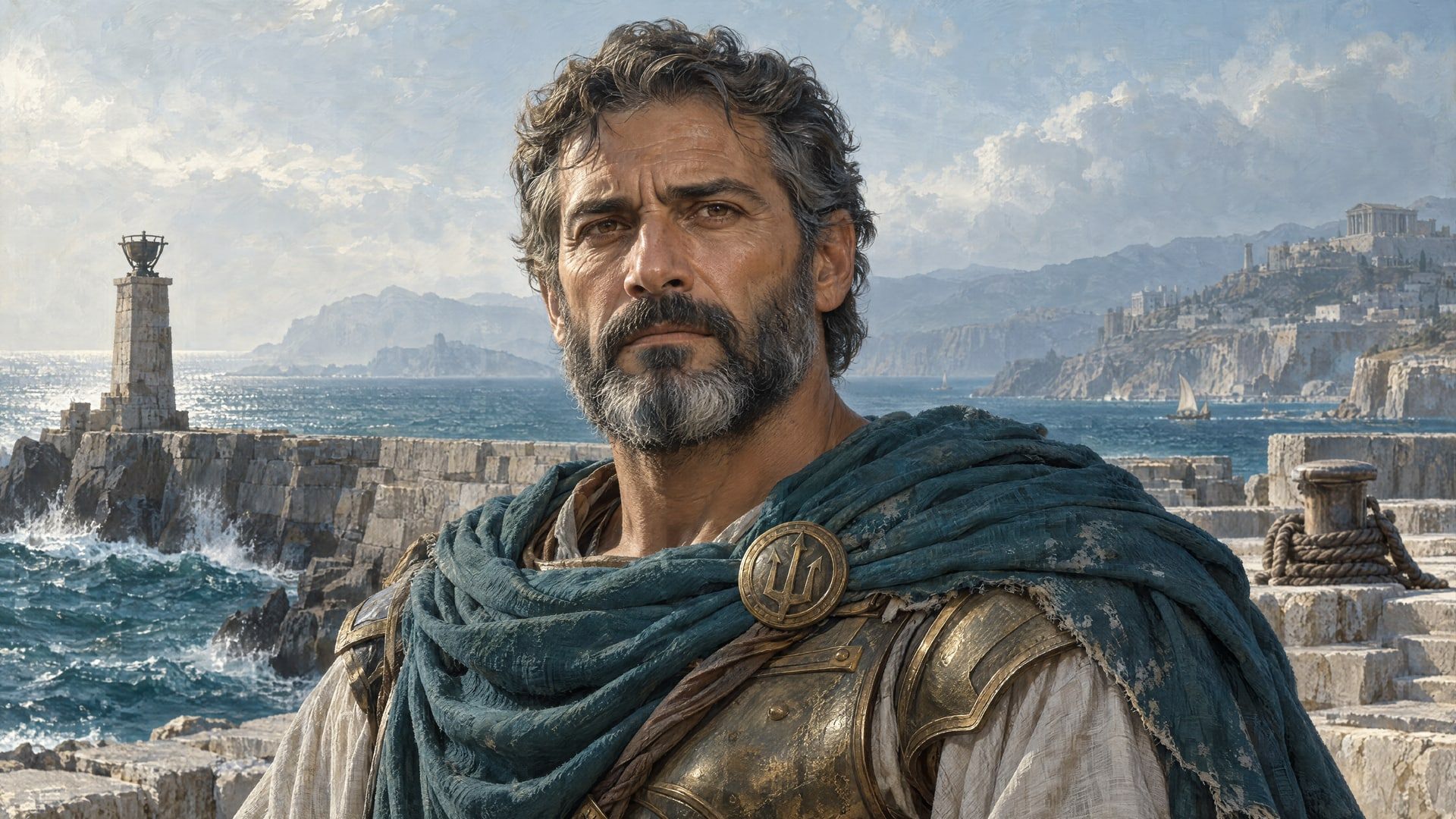 Nerion, the Breakwater Captain, in a sea-green cloak and bronze armour on a rocky harbor wall below a lighthouse.