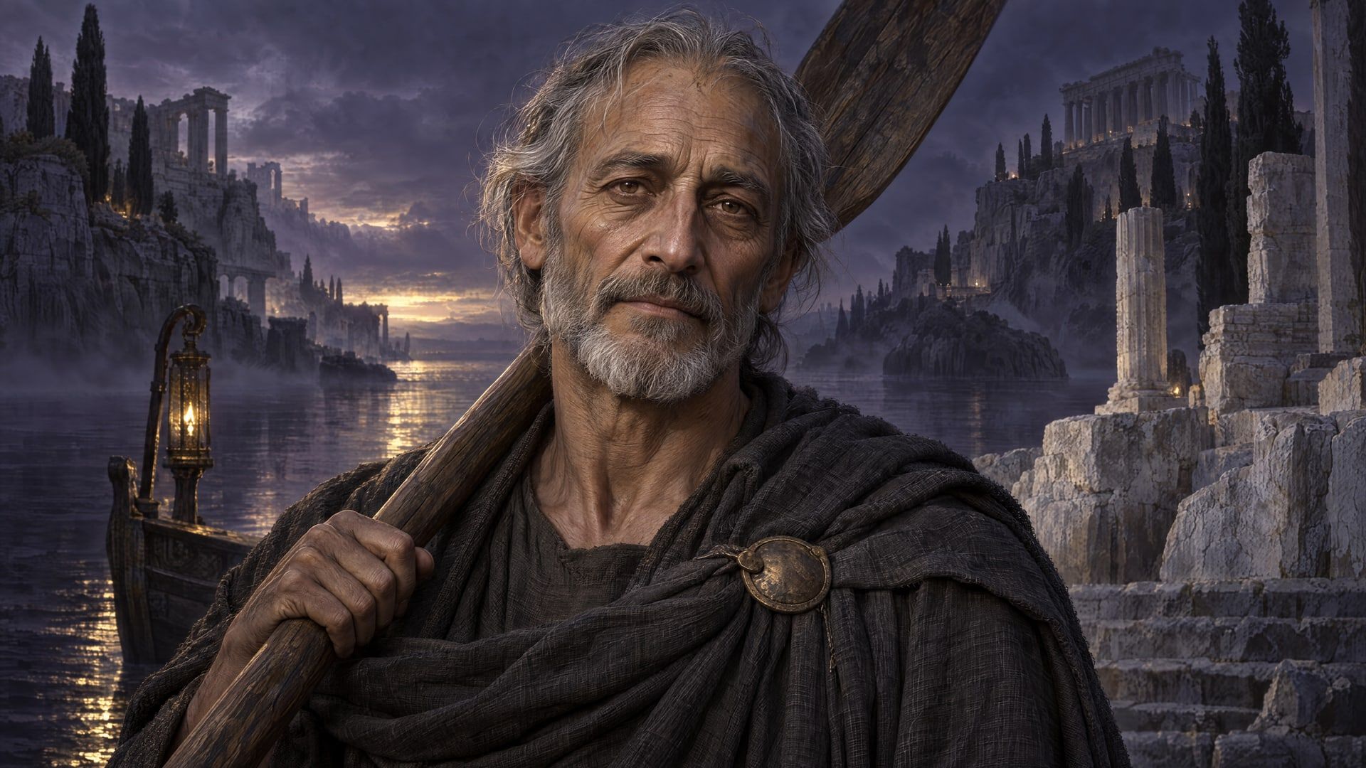 Charon, Ferryman of the Unclaimed, an old ferryman with his oar at a dusk landing among ruined columns.
