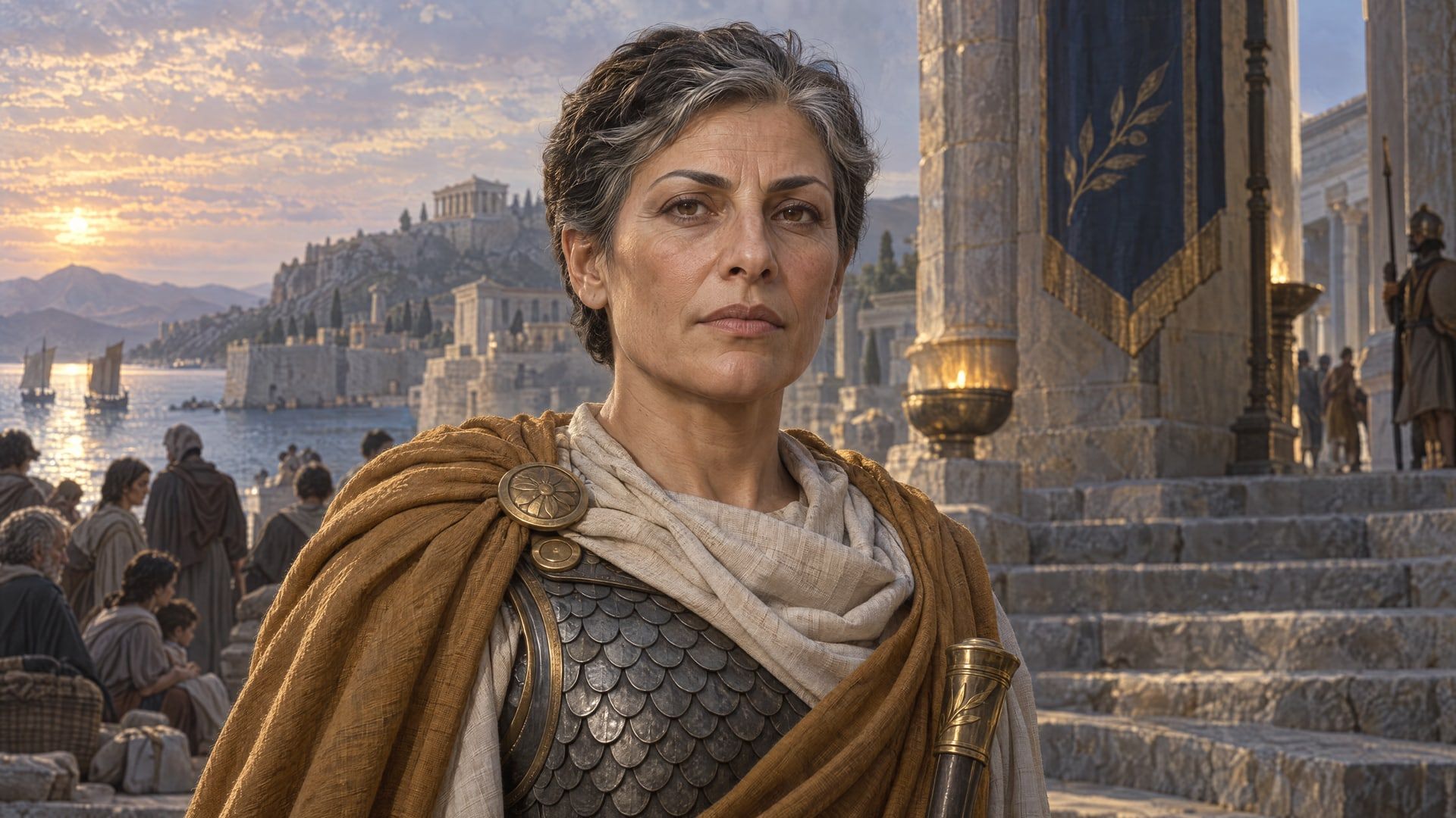 Thessa, Marshal of the Waiting, in bronze scale armour and a gold cloak, a crowd of citizens behind her.