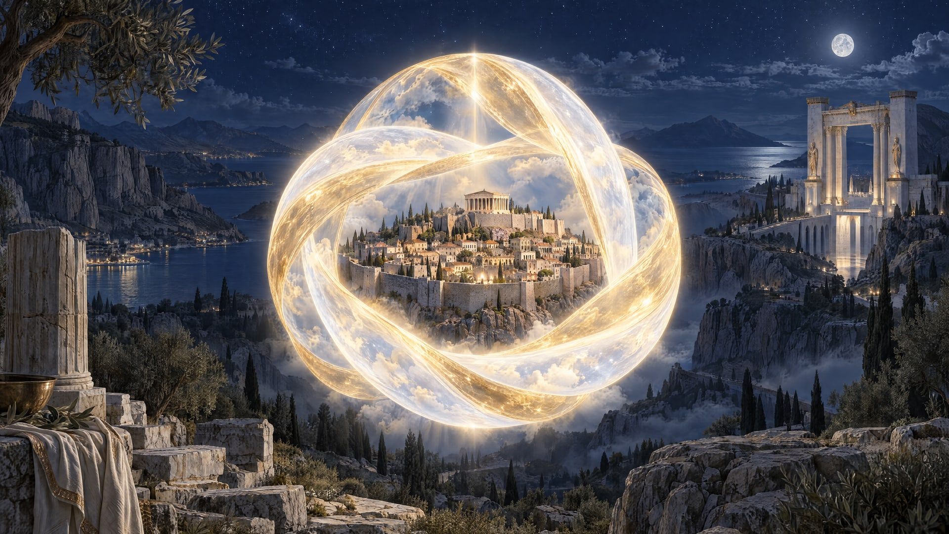 The First Promise: three braided bands of pale-gold light wrapped around the city of Eidra at night.