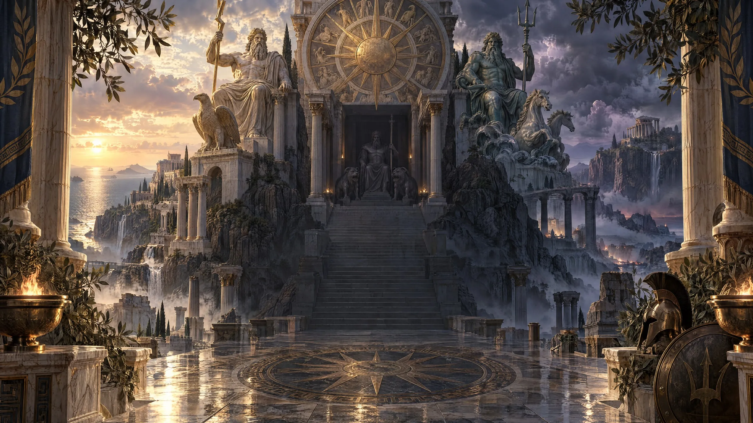 The campaign's main-menu painting: a dusk temple of Olympus above the sea, flanked by colossal statues of Zeus and Poseidon.