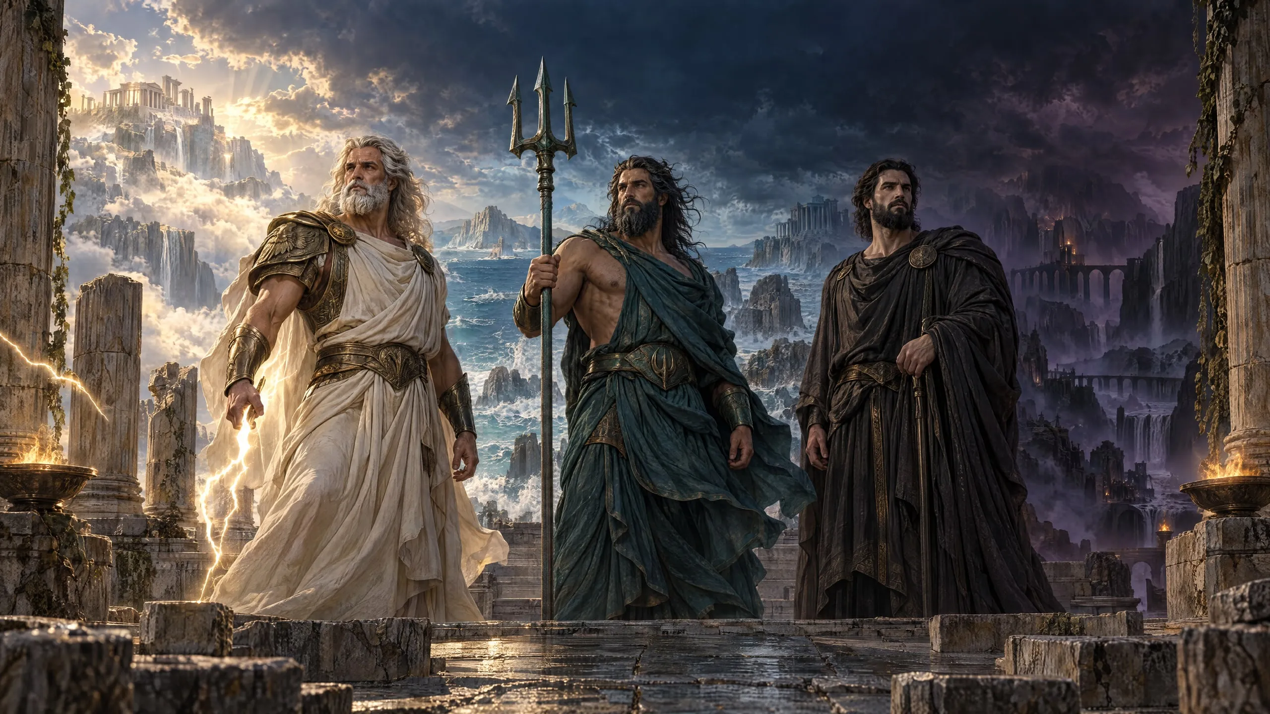 Zeus, Poseidon and Hades standing together on a stormy stone ledge.