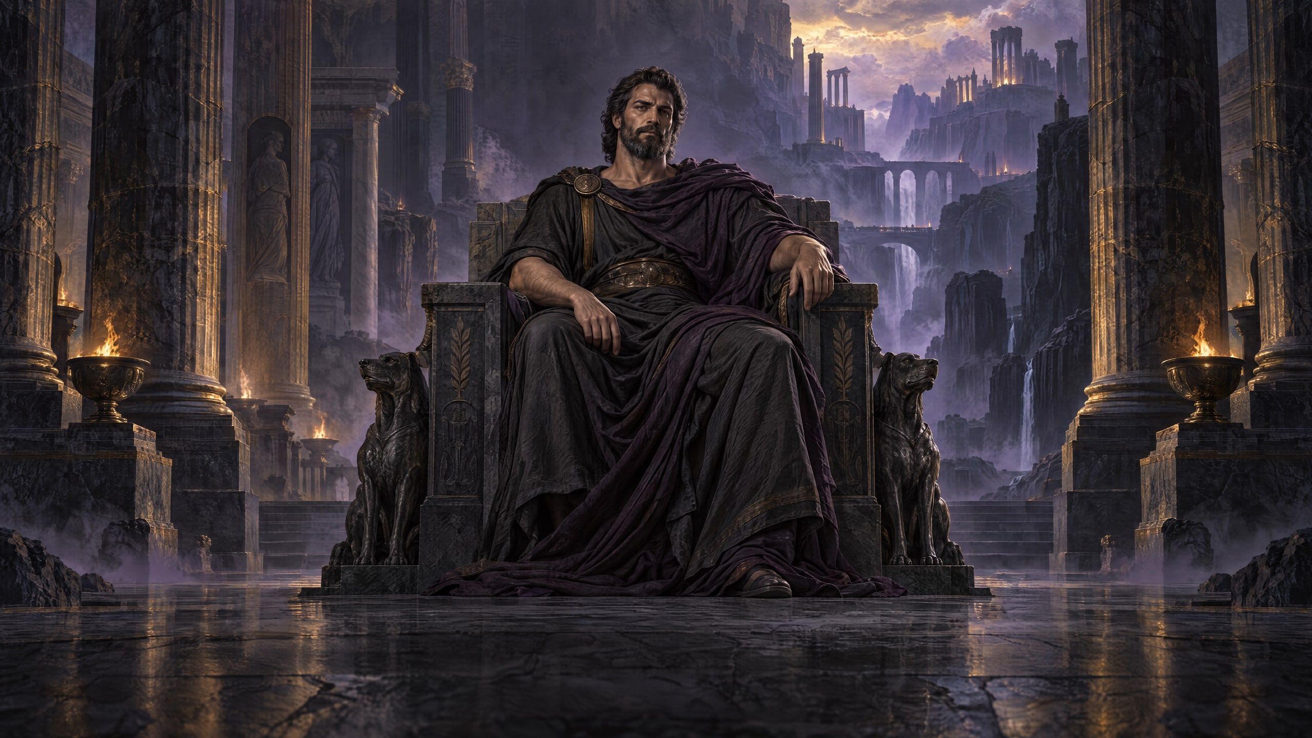 Hades on his basalt throne in violet mist, braziers burning and two carved stone hounds keeping watch.