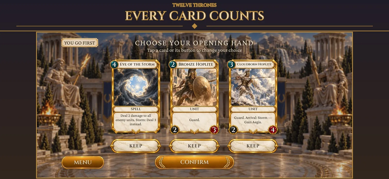 Choosing an opening hand on iPhone: three cards to keep or replace before the first turn.