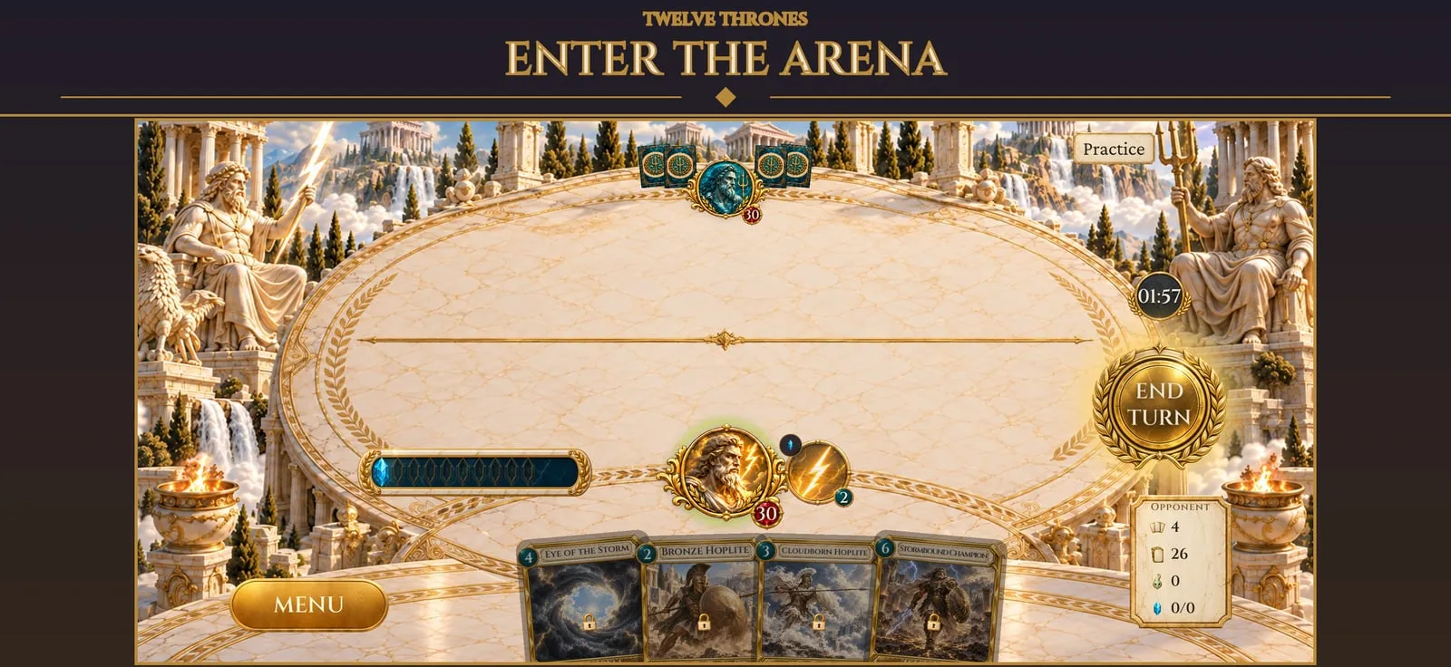 The marble arena during a match, with the End Turn medallion and a hand of cards.