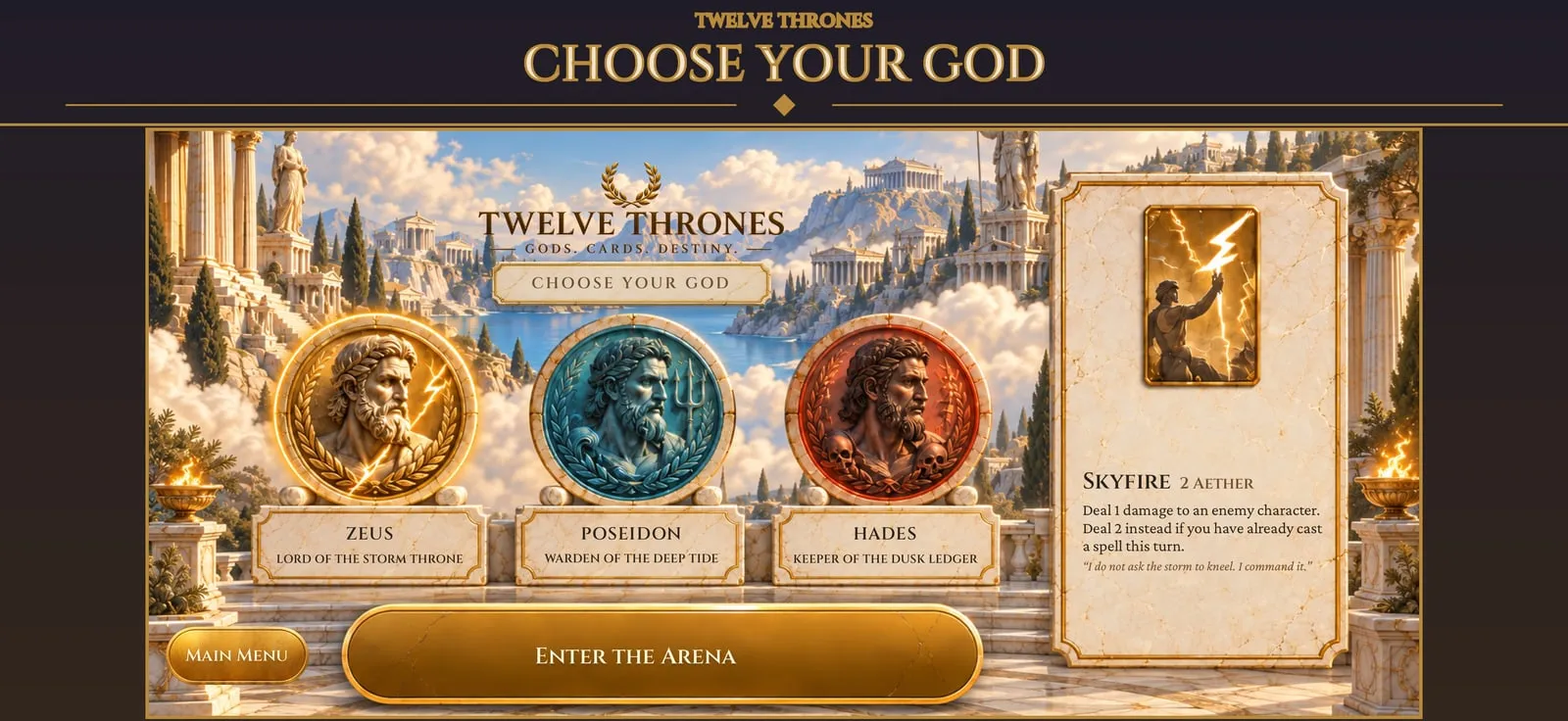 Choosing a god: Zeus, Poseidon and Hades medallions above the power panel.