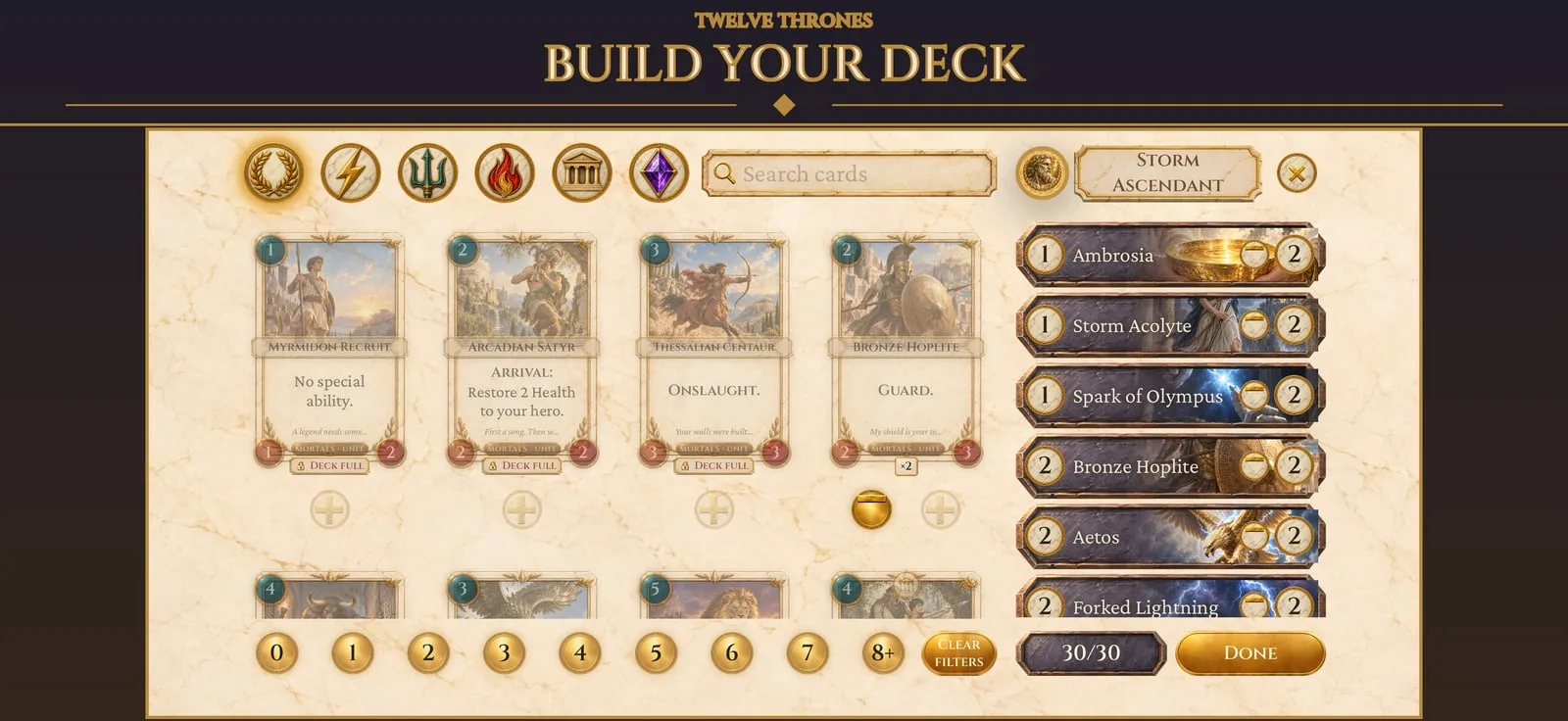 The deck builder with a 30-card deck and the card collection.