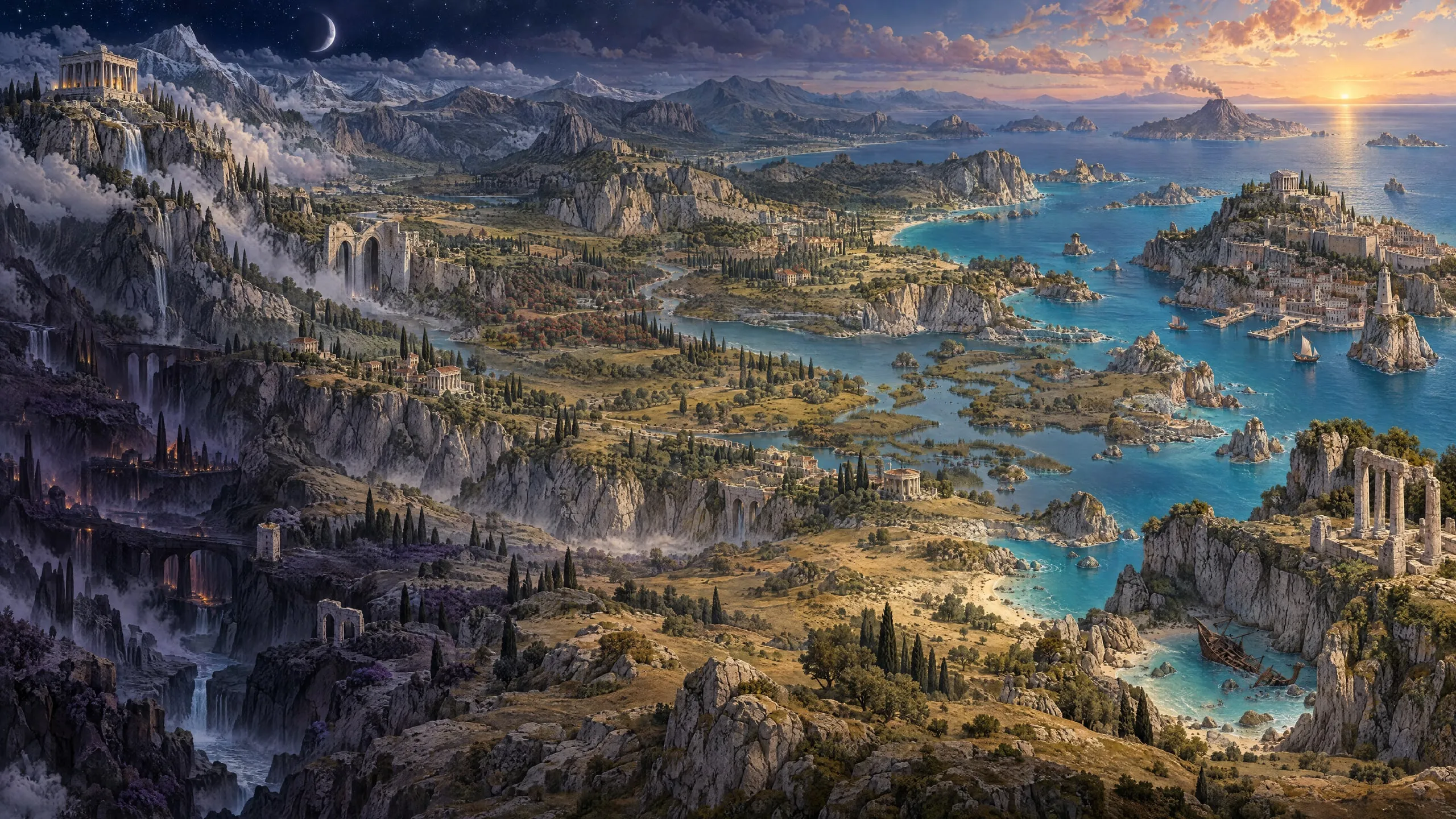 The painted campaign map: coastlines, islands and mountains from a sunset sea to shadowed depths.