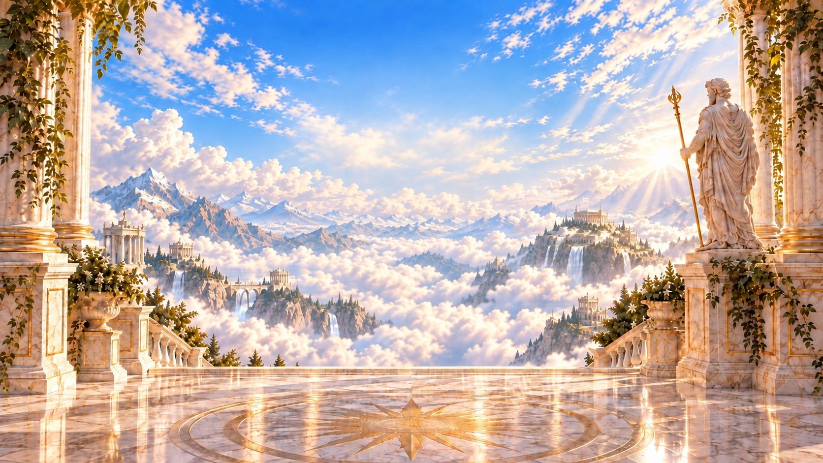 A sunlit marble terrace of Olympus above a sea of clouds, a robed statue standing in the light: the opening painting of Twelve Thrones.