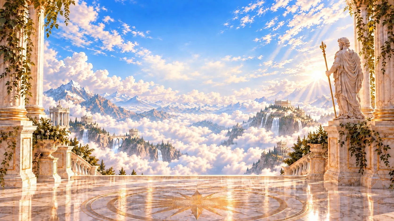 A sunlit marble terrace of Olympus above a sea of clouds, a robed statue standing in the light.