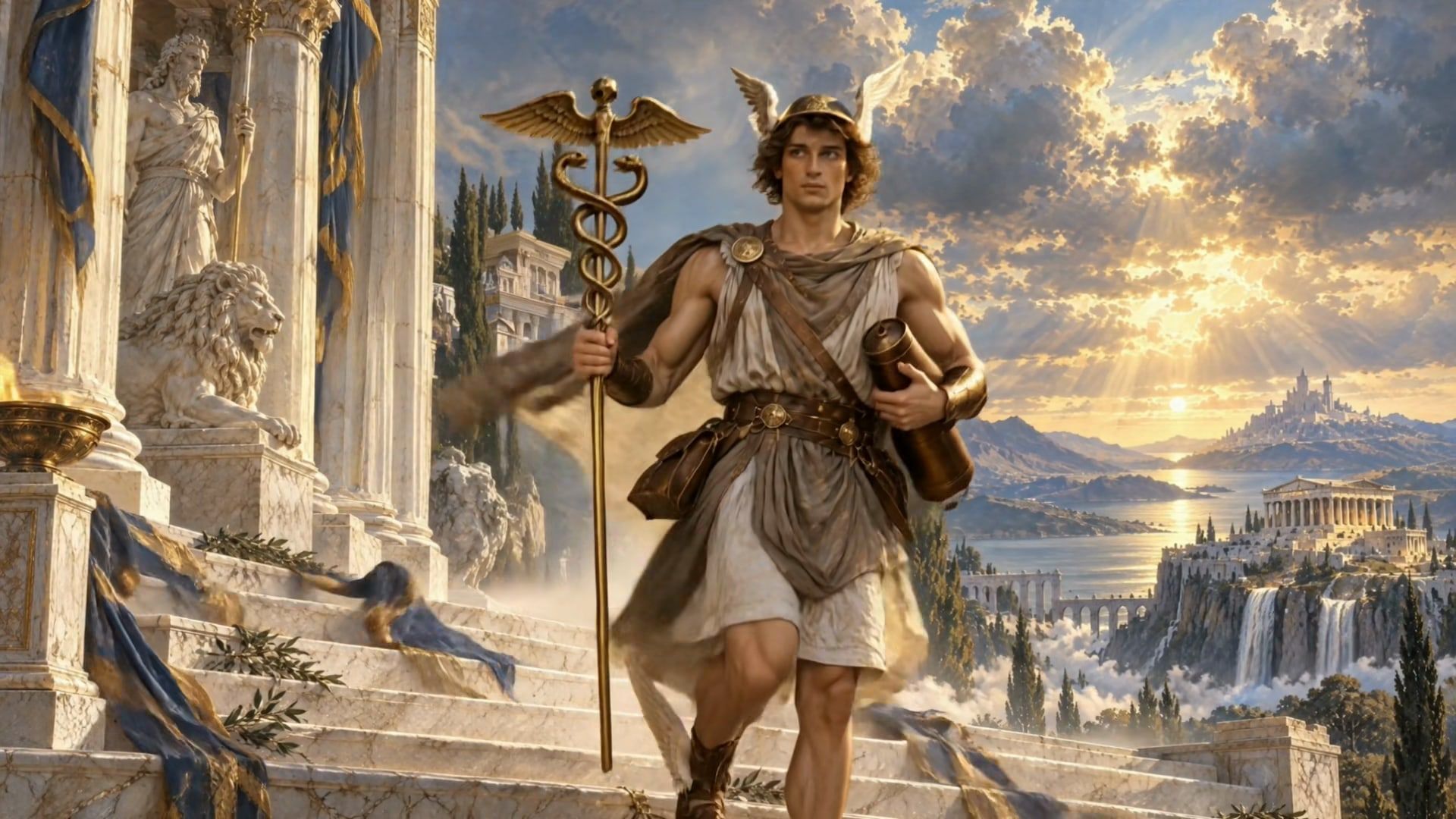 Hermes, Keeper of Forbidden Roads, with his caduceus on a sunlit marble stair above the clouds.