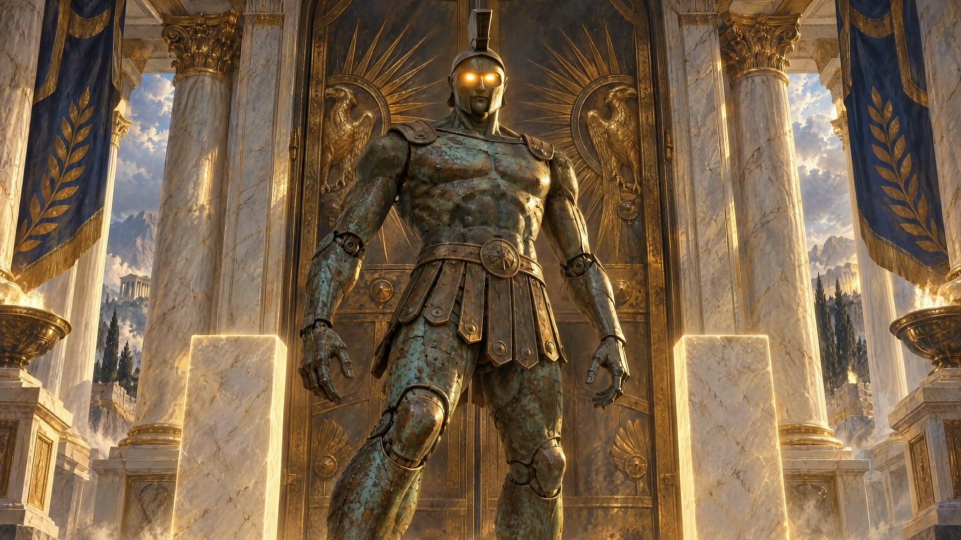 Talos, the bronze Guardian of the Golden Lie, standing before gilded doors in a marble hall.