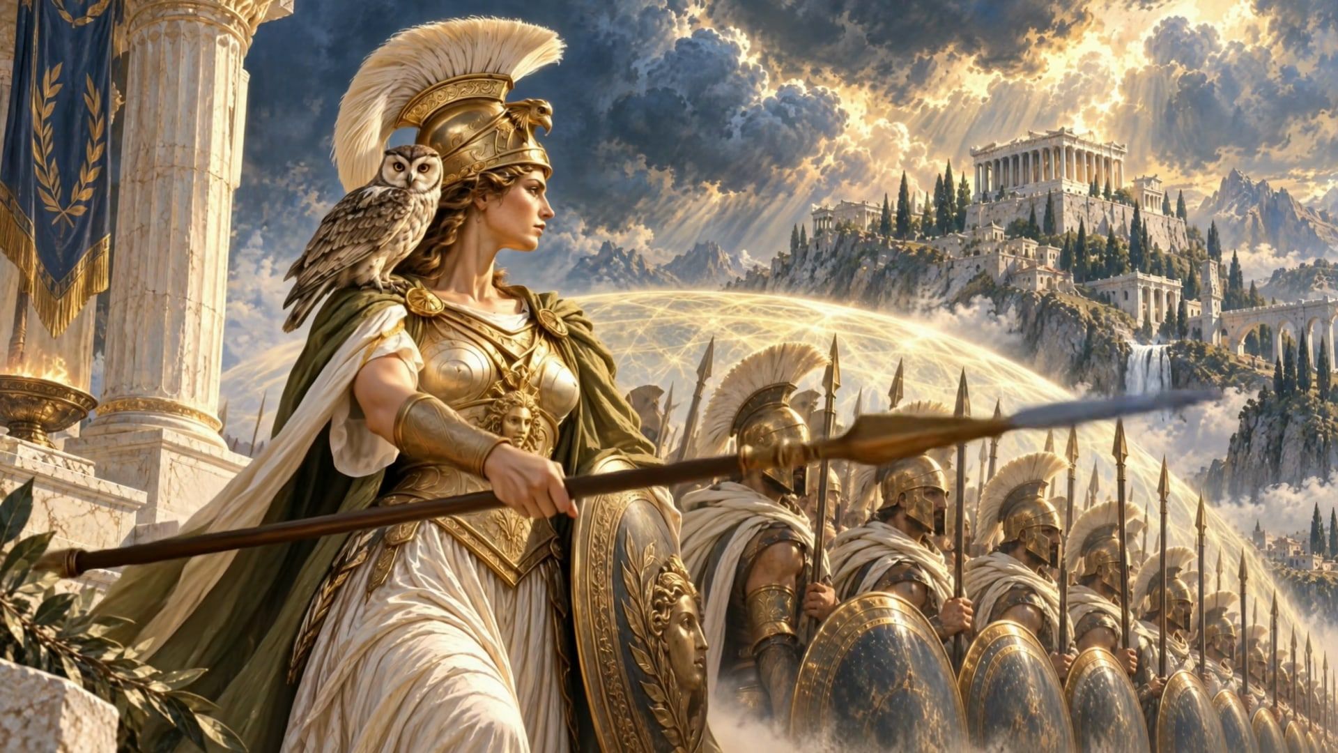 Athena, Shield of the Unbroken Order, helmeted with spear and owl before a wall of shields.