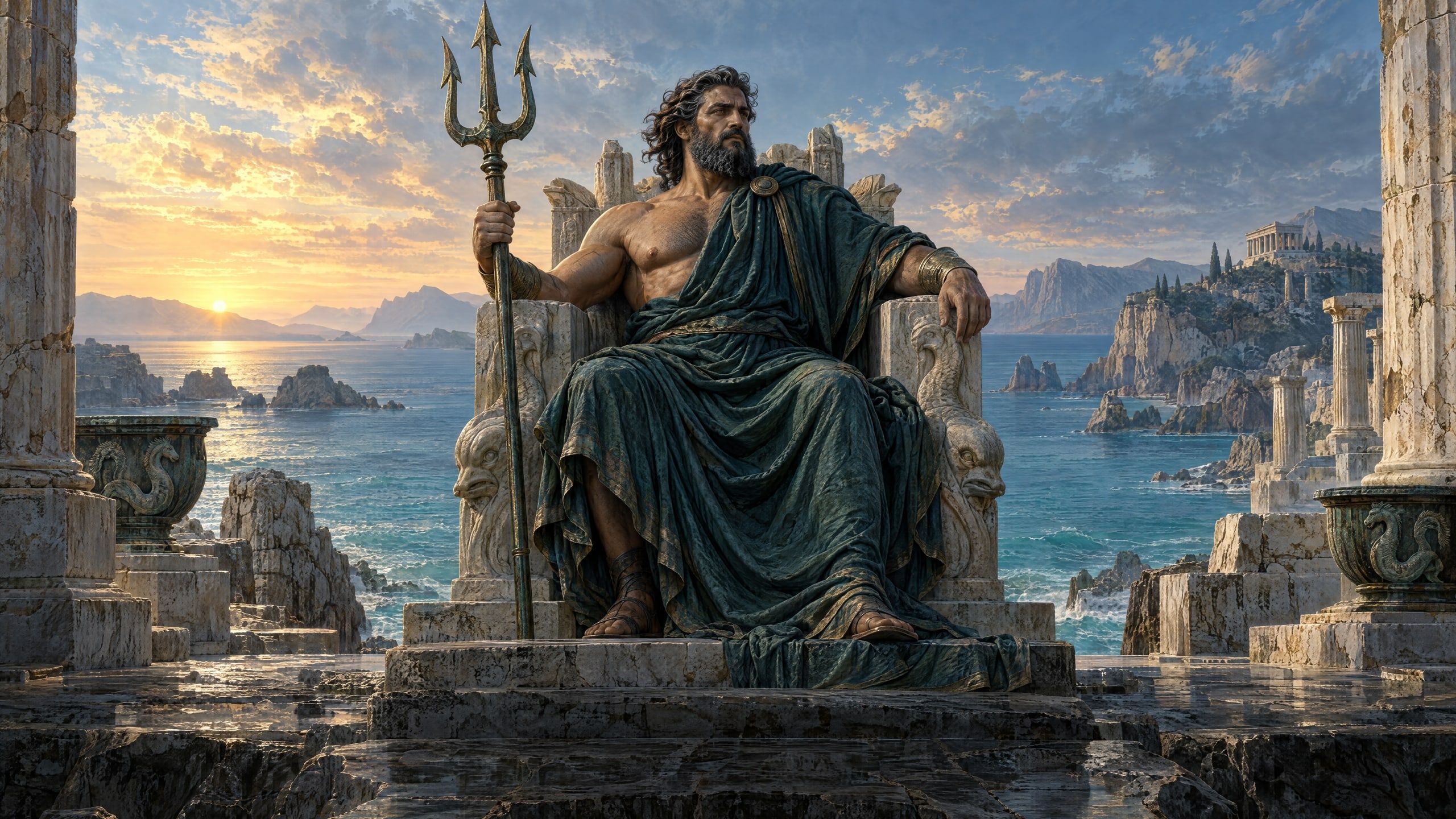 Poseidon on his sea-worn throne on the Aegean coast.