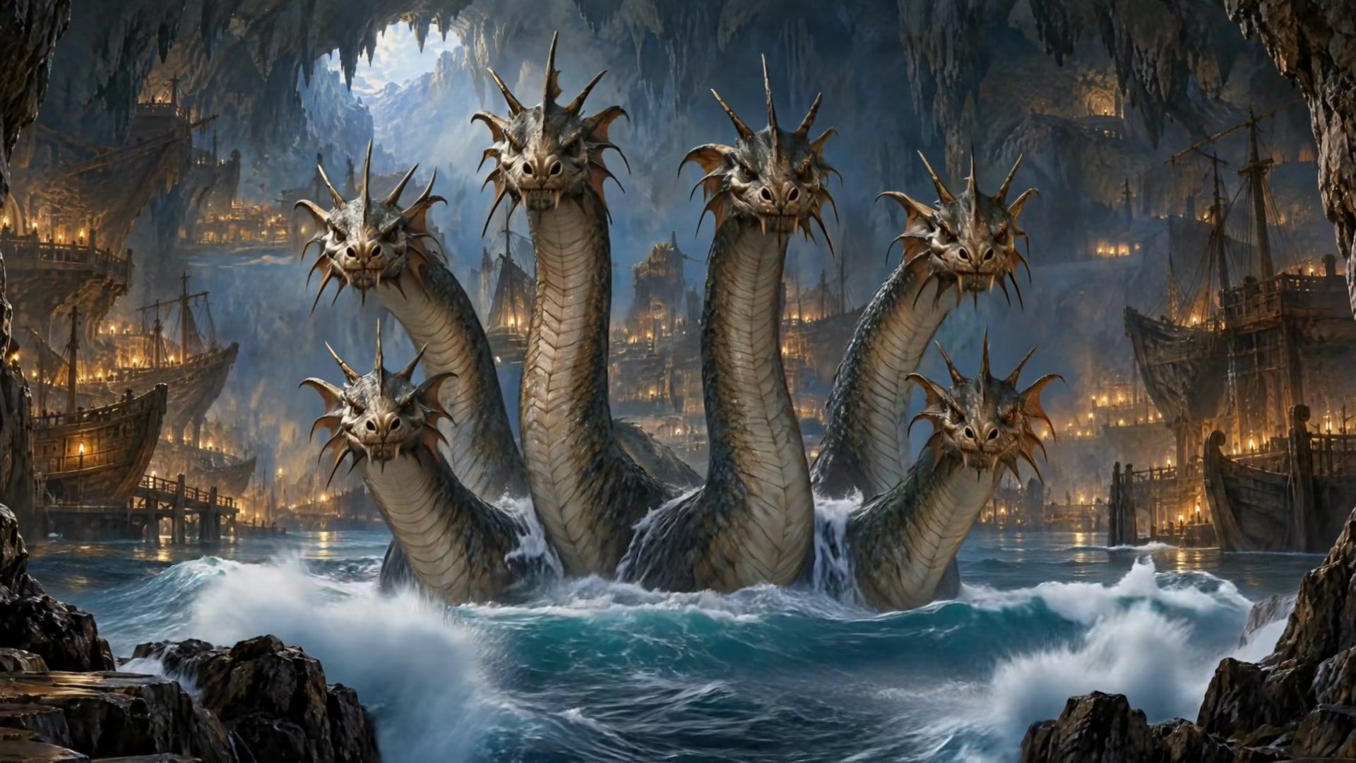 Scylla’s many serpent heads rising from the water of a sea cave crowded with lamplit wrecks.
