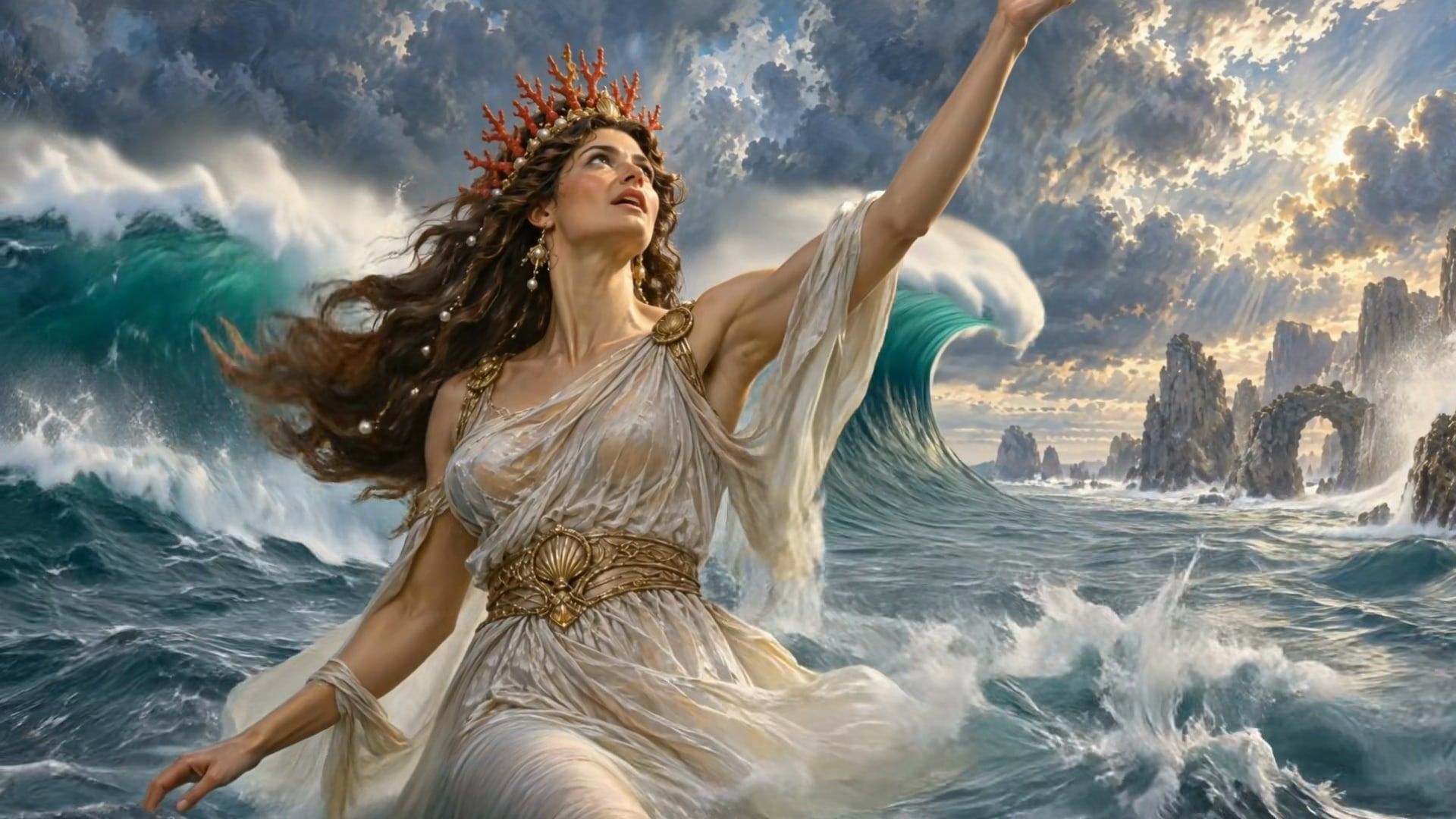 Amphitrite, Queen of the Deep, crowned in coral, rising on a breaking wave with one arm raised.