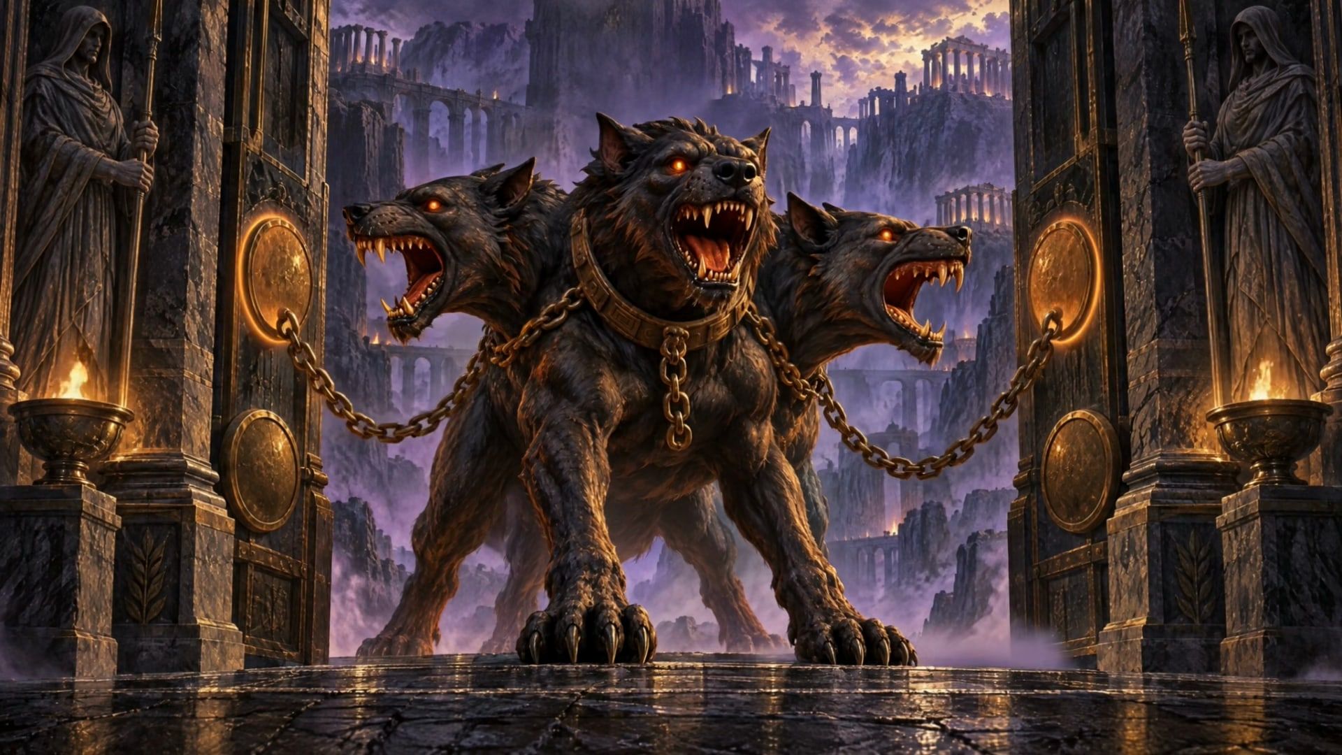 Cerberus, three-headed Keeper of the Last Gate, chained between basalt doors lit by braziers.