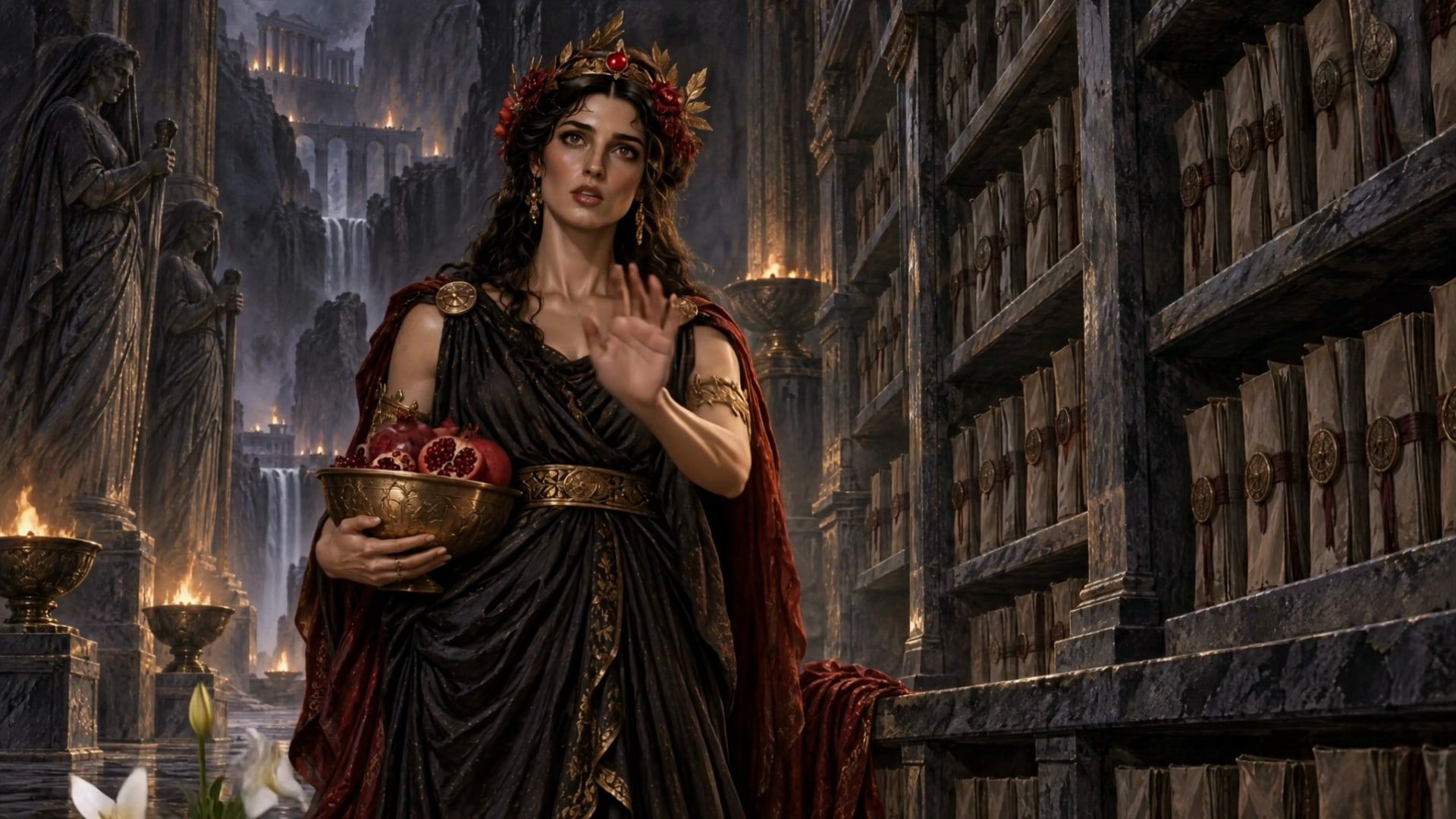 Persephone, Keeper of Unfinished Spring, in crimson and black, holding a bowl of pomegranates among archive shelves.