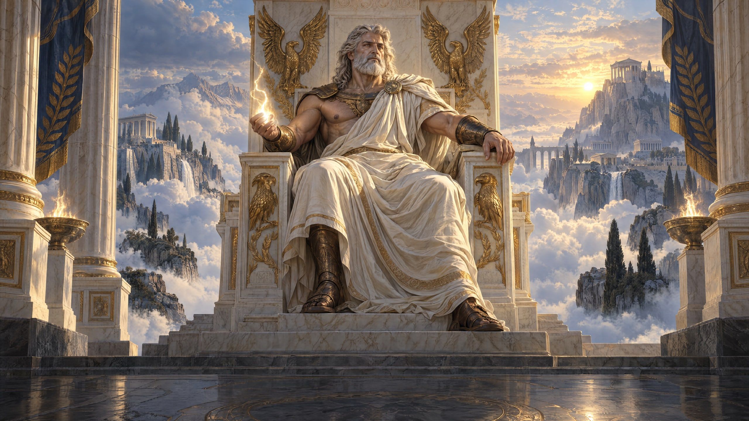 Zeus on his eagle throne at the summit of Olympus.