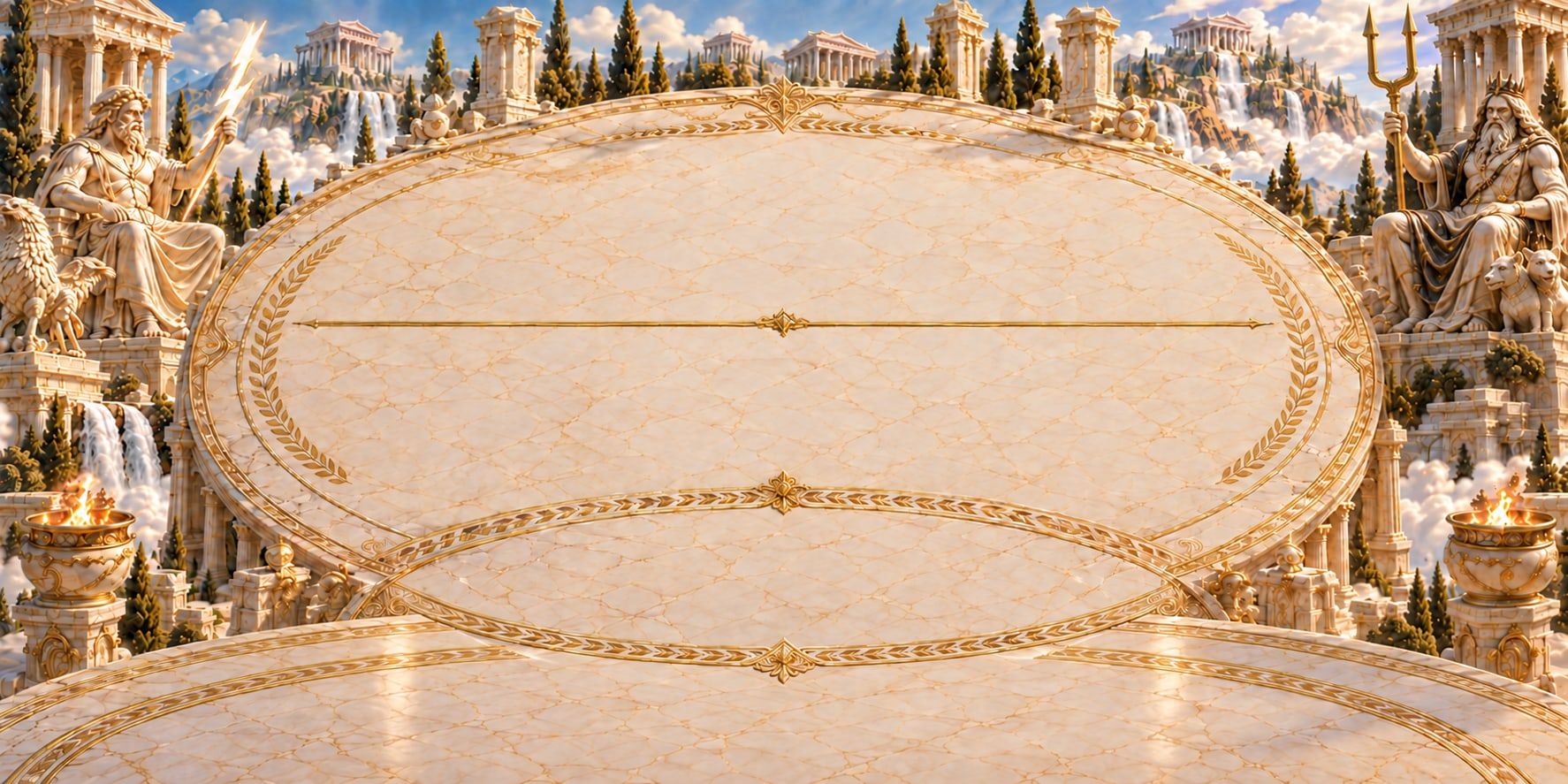 The painted battle arena: an oval marble board ringed by temples, statues and braziers above the clouds.