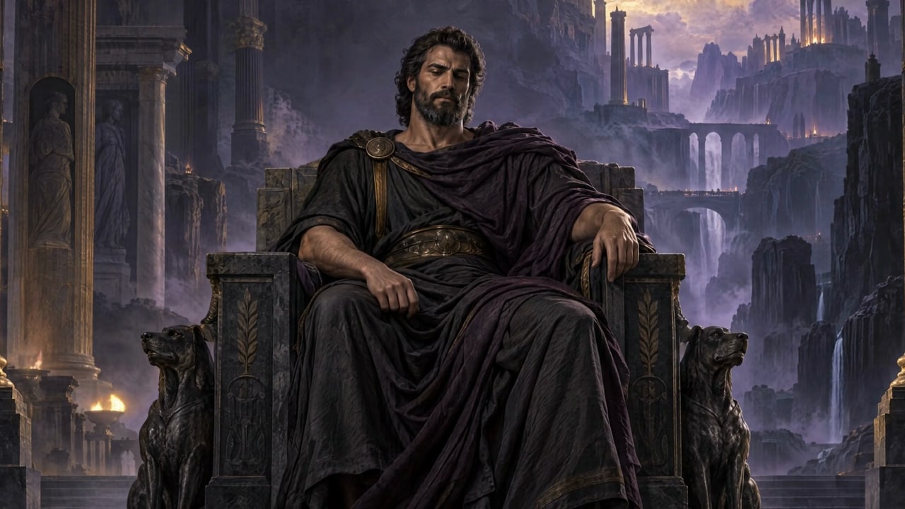 Hades on his throne, from his campaign opening film.