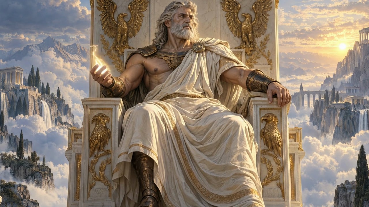 Zeus on his eagle throne as a thunderbolt flares in his hand.