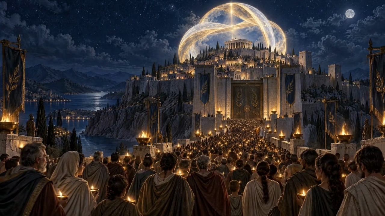 The causeway to Eidra, its lamplit walls wrapped in bands of pale-gold light.