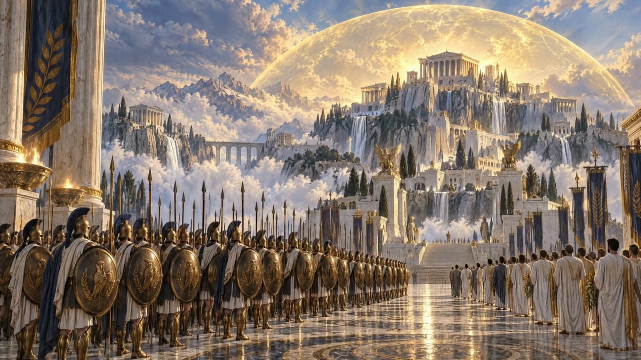 Ranks of shield-bearers and robed attendants before Olympus, beneath a golden dome of light.