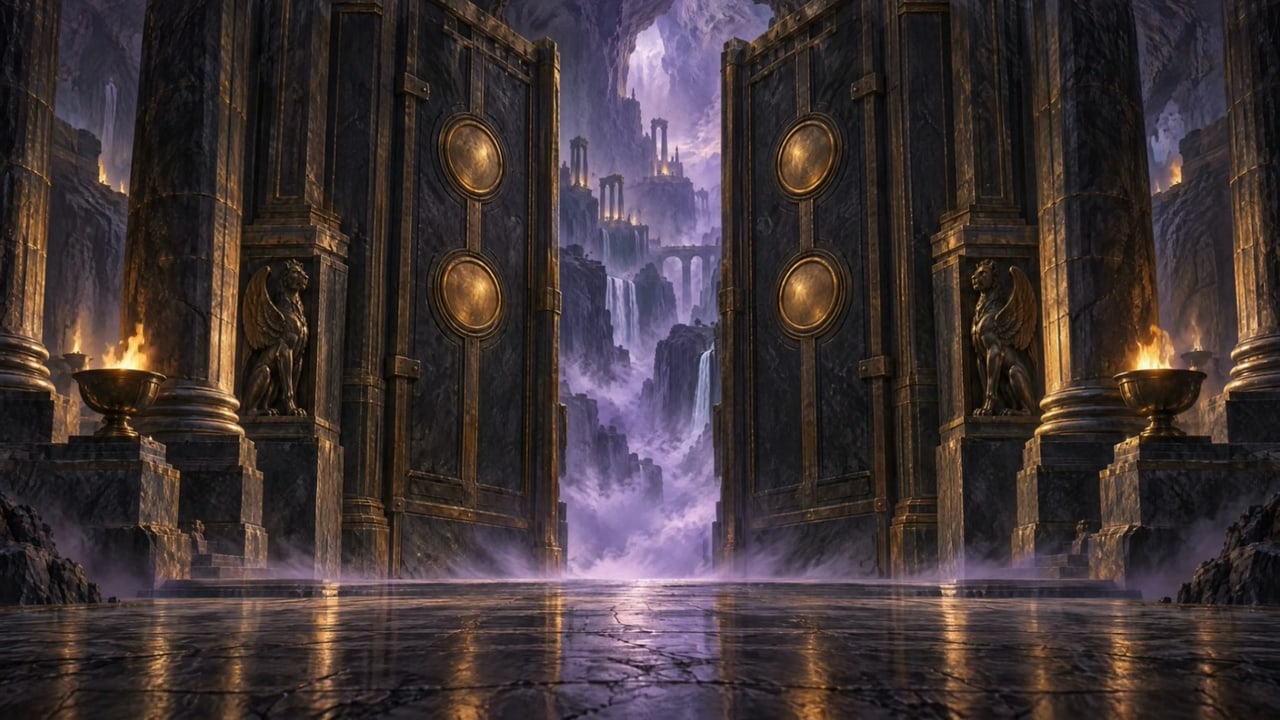 Towering basalt gates of the Underworld, braziers burning and violet light spilling between them.