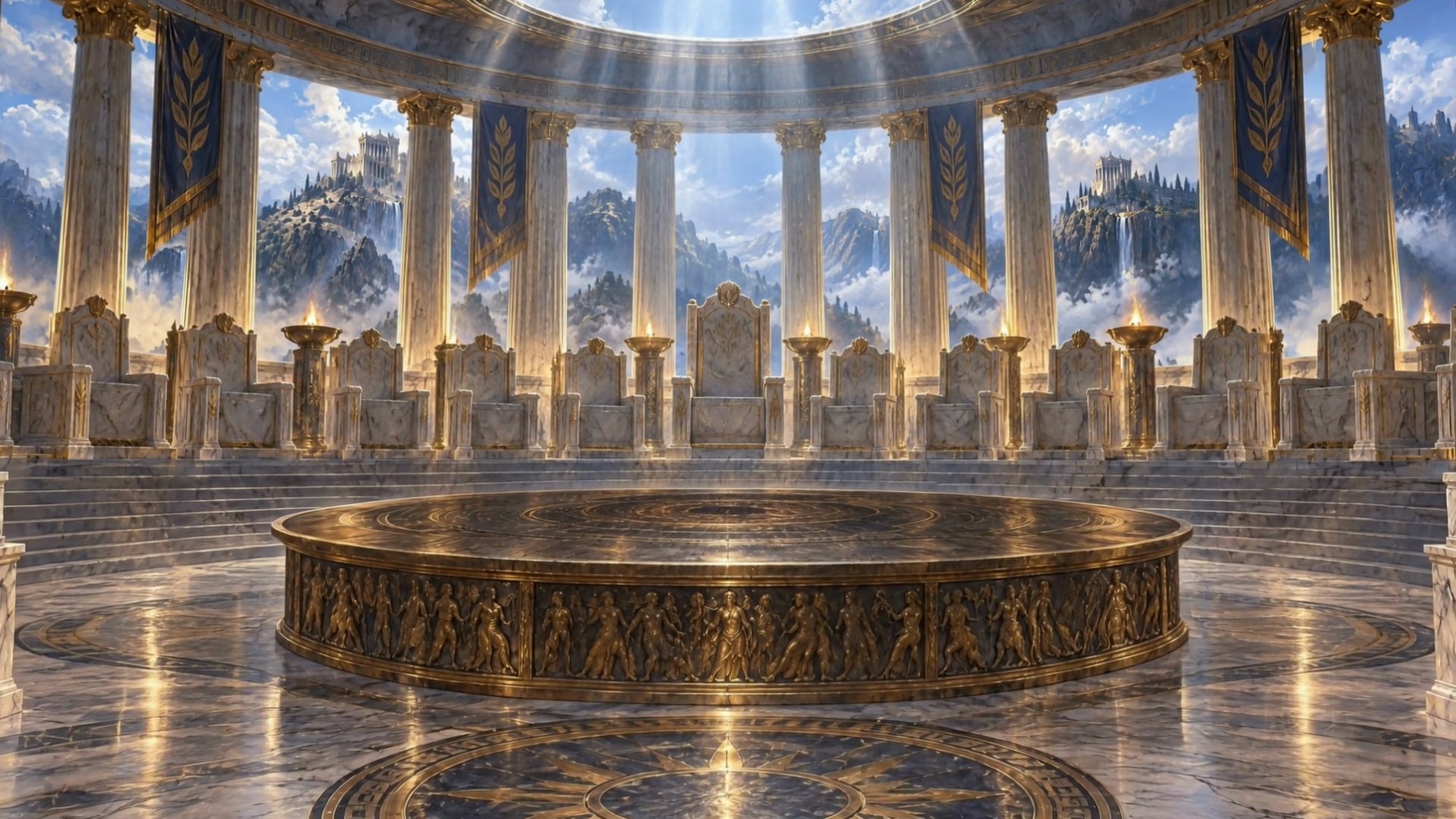 Still from the Twelve Thrones launch film: the council hall of twelve empty marble thrones.